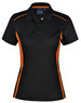 A black polo shirt with orange contrast detailing, featuring a collar and short sleeves. It has a logo on the chest.
