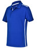 A blue short sleeve polo shirt with white contrast detailing and a logo on the chest.