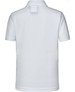 A white kids' short sleeve polo shirt featuring a collar and a logo on the back.