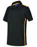 A black short sleeve polo shirt with yellow contrast detailing and a collar, featuring a logo.