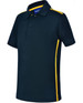 A kids' short sleeve polo in navy with yellow contrast side panels. The shirt features a collar and buttons.