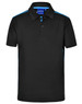 A black polo shirt with contrast blue detailing, featuring a collar and two buttons, and a logo on the label.