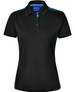 A black ladies' polo shirt with short sleeves and blue contrast detailing, featuring a collar and buttons.