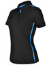 A black ladies' polo shirt with short sleeves featuring blue contrast detailing and a logo.
