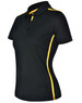 A black ladies' polo shirt with short sleeves and yellow contrasting stripes, featuring a collar and a branded logo.