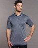 A grey men's short sleeve polo shirt with a subtle texture and a logo on the chest.