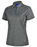 A stylish ladies' polo shirt in dark grey with short sleeves and a logo on the collar.