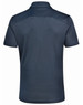 A navy polo shirt with a textured finish, featuring a collar and short sleeves, with a logo on the chest.