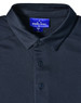 A dark navy polo shirt featuring a textured fabric and a collar, with a logo tag inside the neckline.