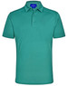 A turquoise polo shirt featuring a collar and short sleeves, with a logo on the label.