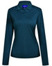 A long-sleeved polo shirt in dark teal, featuring a collar and a button placket, with a logo on the chest.