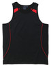 A black singlet with red accents and a tag, featuring a logo. Suitable for casual wear or sports.