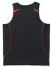 A black men's singlet with red detailing and a logo on the back.