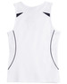 A white singlet with black accents and a mesh detailing on the sides, featuring a logo.