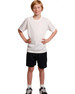 Kids cooldry sports shorts in black, paired with a white sports t-shirt. The outfit is modelled by a young boy.