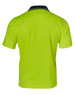 A high-visibility short-sleeve polo shirt in bright yellow with a navy collar and a logo.