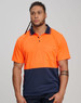 A man wears a high-visibility orange and navy short-sleeve safety polo shirt with a pocket. The shirt features a logo.