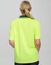 A bright yellow short-sleeve safety polo shirt featuring a contrasting collar and a logo on the back.