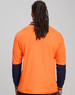 An orange long-sleeve safety polo shirt with navy blue sleeves and a branding logo.