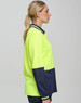 A long-sleeve high-visibility polo shirt in neon yellow with navy blue accents, featuring a collar and a logo.