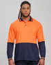 A long-sleeve safety polo shirt in bright yellow and navy blue, featuring a pocket and a logo.
