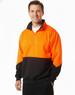 A high-visibility long-sleeve windcheater collar in orange and black, worn by a smiling man. The design includes a zip and a logo.