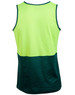 A high-visibility safety singlet featuring a bright yellow front and dark green back, with a logo on it.