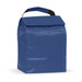 A blue lunch cooler bag with a handle and a square shape, featuring a top flap closure and a logo. A blue lunch cooler bag with a handle and a square shape, featuring a top flap closure and a logo.