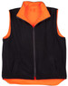 A reversible safety vest featuring a black exterior and bright orange interior, designed with pockets and a zip front.
