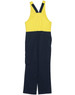 A two-tone men's cotton drill overall featuring a yellow top and navy blue bottom, with adjustable straps and pockets.