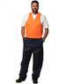 Men's cotton drill overall in navy with an orange vest, featuring pockets and a casual fit. Includes a logo.