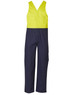 Two-tone men's cotton drill overall featuring a yellow top and navy bottom, with multiple pockets and a logo.