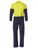 A men's cotton drill coverall in hi-vis yellow and navy, featuring long sleeves and a back view. It includes a logo.