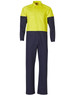 A Hi-Vis two-tone men's cotton drill coverall in bright yellow and navy blue, featuring two front pockets and a logo.