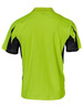 A safety polo shirt featuring a bright lime green body with black accents. It has a logo on the back.