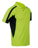 A bright hi-vis yellow and black safety polo shirt with a collar and short sleeves, featuring a pocket and logo.