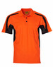 An orange short-sleeve safety polo shirt featuring black side panels and a chest pocket. It includes a logo.
