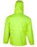 A bright yellow spray jacket with a hood, featuring a simple design and a rear view. It includes a logo on the fabric.
