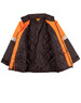 Hi-vis two-tone quilted safety jacket in orange and black, featuring 3M reflective tapes and an inner lining.
