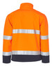 A bright orange safety jacket featuring silver reflective stripes and a navy blue lower section, with a collar.