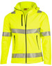 Hi-vis yellow softshell hooded jacket featuring silver 3M reflective tape and zip pockets. Includes branding on the jacket.