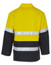 A Hi-Vis two-tone safety jacket in yellow and navy blue, featuring reflective 3M tape details and a logo.