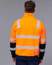A bright orange safety jumper with reflective stripes and a navy blue collar worn from the back. It features a logo.