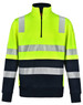 A high-visibility yellow and navy work jumper featuring reflective stripes and a zippered collar. It has a logo.