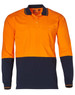 A long-sleeved safety polo in orange and navy blue, featuring a pocket and a logo on the collar.