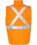 A bright orange reversible safety vest featuring an X-pattern of silver reflective tape on the back.