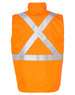 A bright orange reversible safety vest featuring an X-pattern of silver reflective tape on the back.