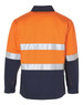 A Hi-Vis two-tone work jacket in orange and navy with reflective 3M tapes and a logo on the back.
