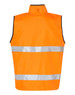 A safety vest in bright orange with reflective silver strips, featuring a reversible mandarine collar and branding.