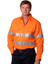 An orange long-sleeved drill shirt featuring reflective 3M tape stripes, designed for safety wear.